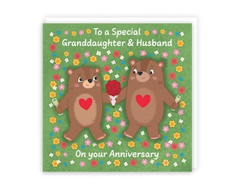Hunts England - Cute Flowery Bears Granddaughter And Husband Anniversary Card - Fun Bears Anniversary Card - Love Story