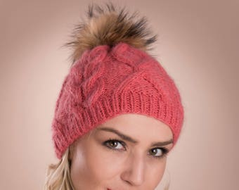 Pink knit hat, Mohair hat, Fur Pompom hat, Personalized gift, Custom Knit Hat, Fluffy hat, Thick beanie hat, Seamless, Ski hat, Gift for her