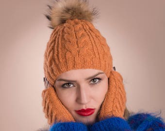 Wool hat mittens set, Knit hat fur pompom, gift set, Alpaca beanie hat, Fingerless gloves, Cable knit hat mittens, hand knit wool hat