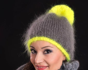 Cappello Mohair, cappello a maglia a mano, cappello Al neon pompom, cappello berretto spesso, cappello personalizzato, cappello da sci personalizzato, cappello pompom gigante, cappello in maglia chunky Cappello personalizzato