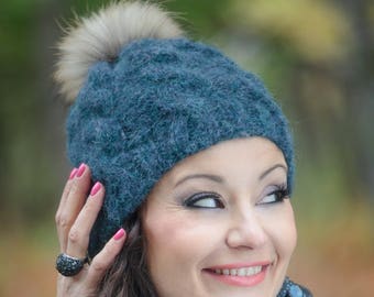 Hand Knit beanie hat - Fur Pompom - Cable knit alpaca hat - Ski Hat - Hand knit hat - Winter Beanie -  Fuzzy hat - Custom hat, personalized