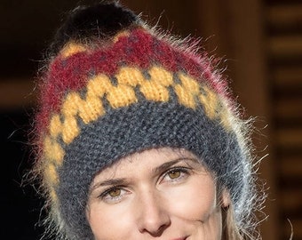Cappello Mohair, cappello a maglia a mano, cappello a maglia soffice, cappello berretto spesso, cappello Pompom, cappello in maglia cavo, regalo di San Valentino, cappello Fuzzy, cappello multicolore