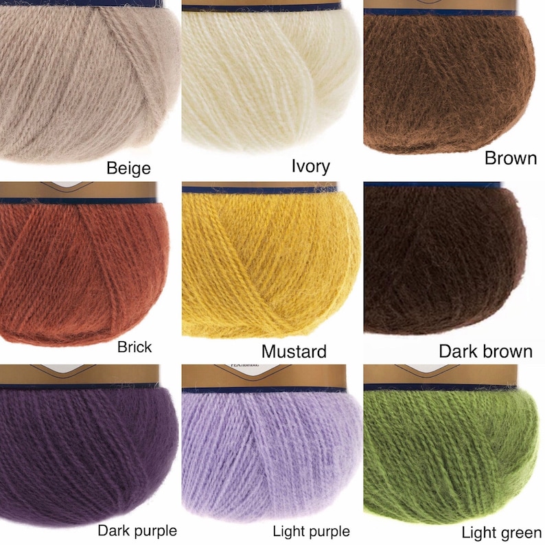 May include: Nine balls of yarn in different colours: beige, ivory, brown, brick, mustard, dark brown, dark purple, light purple, and light green.