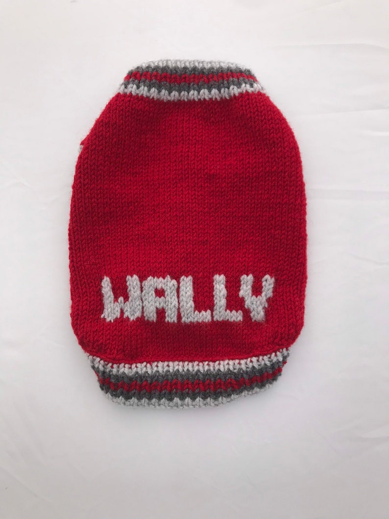 Pu&ograve; includere: Maglia di lana rossa per cani con bordini grigi e il nome "Wally" lavorato a maglia in bianco.