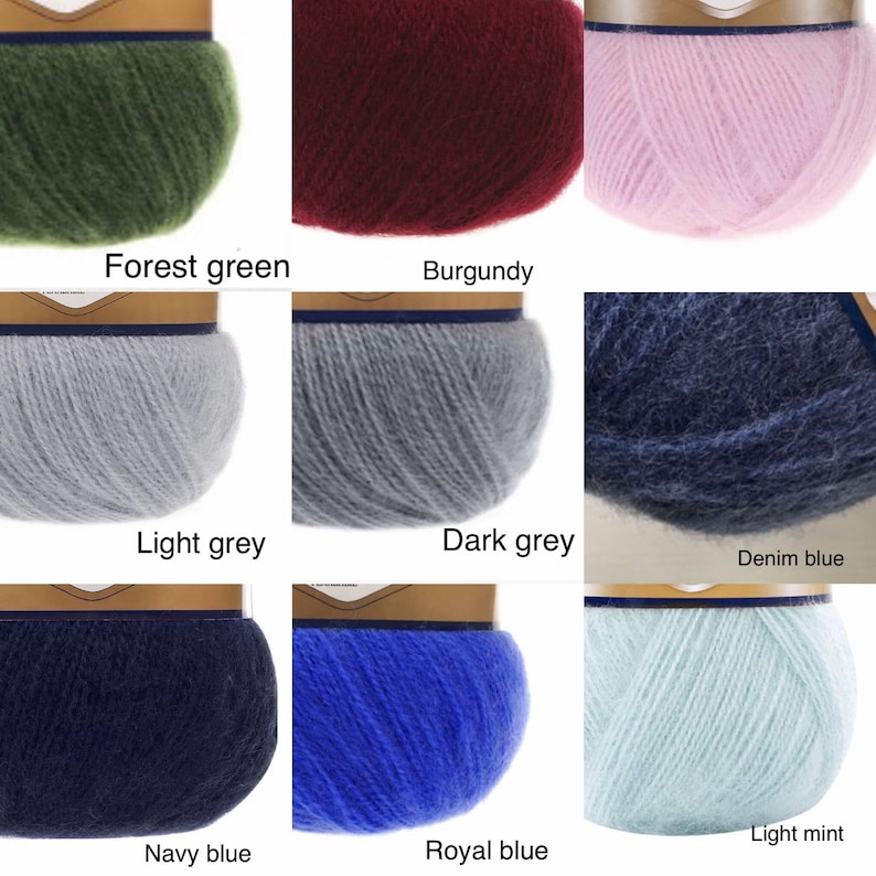 May include: Nine balls of yarn in different colours: forest green, burgundy, light grey, dark grey, denim blue, navy blue, royal blue, light mint, and pink.