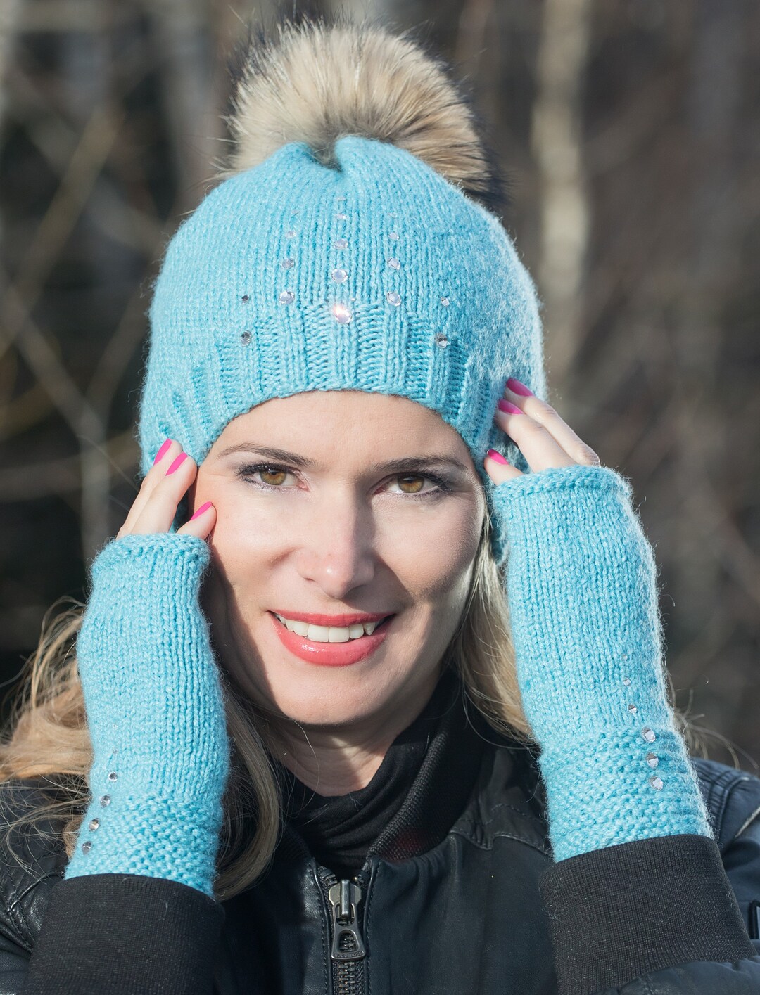 Crystal Hat Mittens Set Knit Hat Fur Pompom Gift Set Etsy