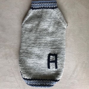 May include: A gray knitted dog sweater with blue and white trim and a black letter "A" on the front.