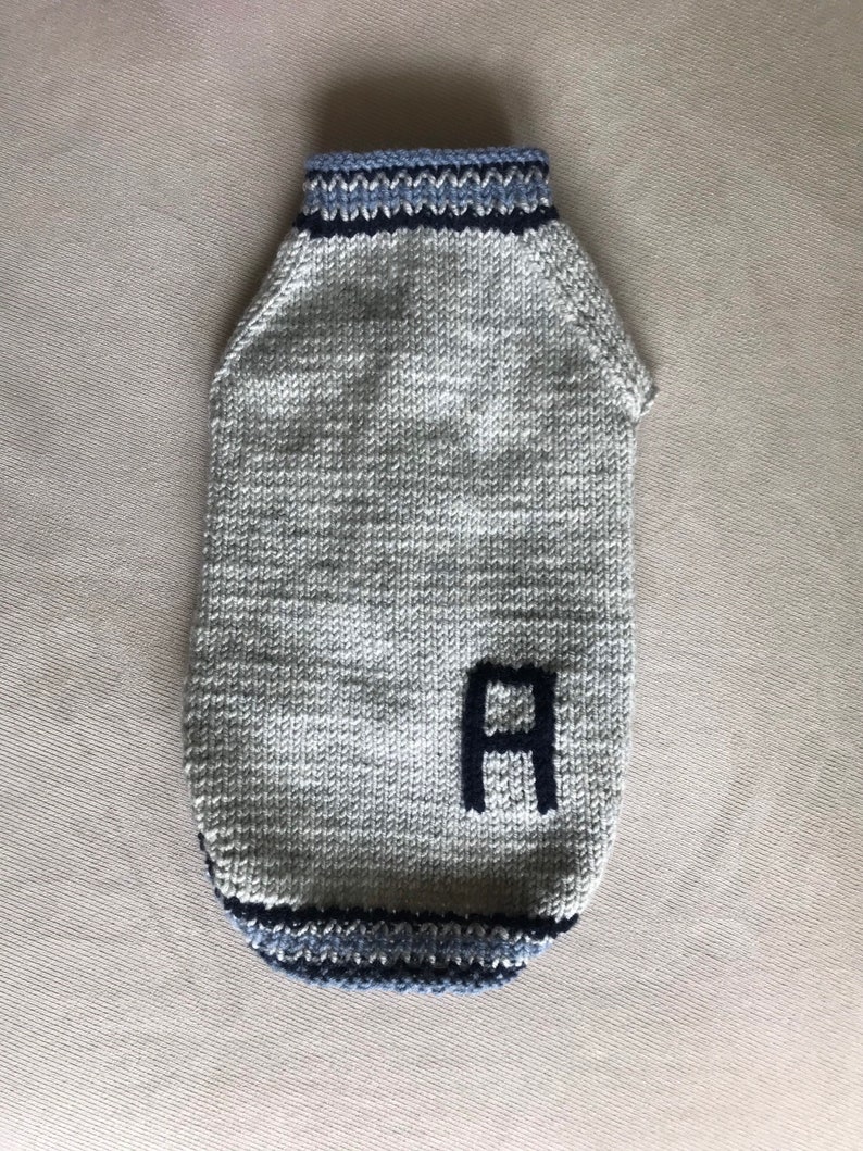 May include: A gray knitted dog sweater with blue and white trim and a black letter "A" on the front.