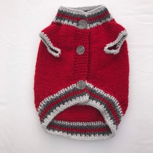 Pu&ograve; includere: Maglia di lana rossa per animali domestici con bordini grigi e bottoni.