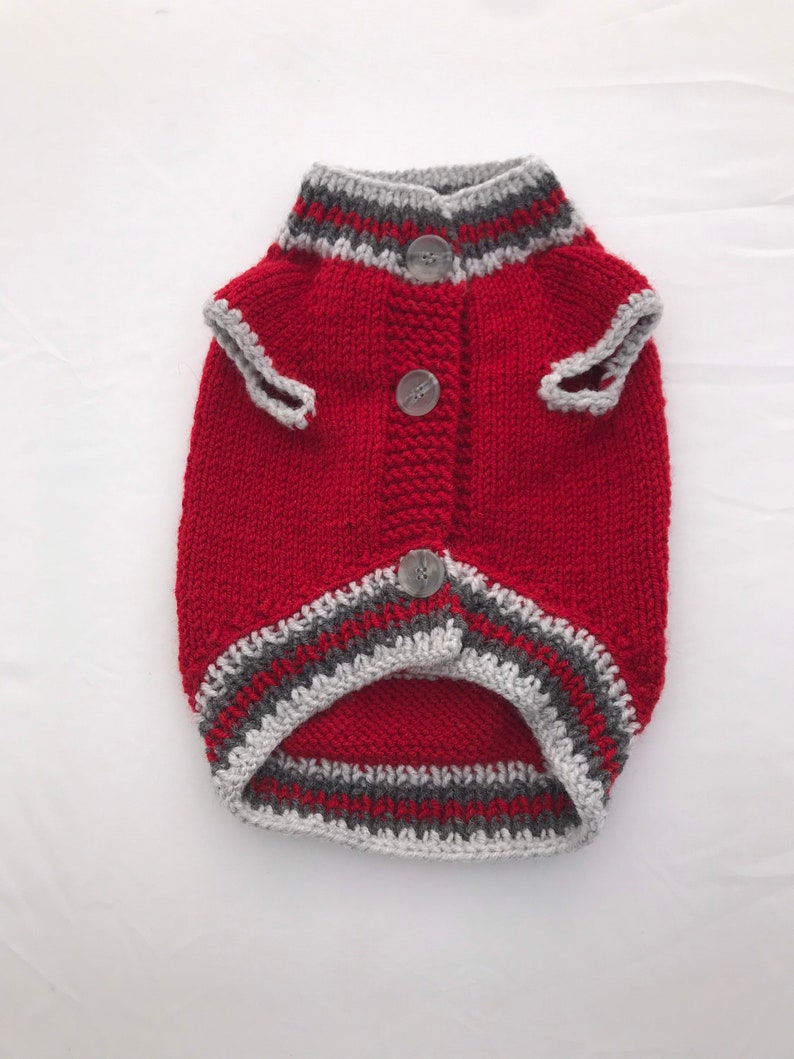 Pu&ograve; includere: Maglia di lana rossa per animali domestici con bordini grigi e bottoni.