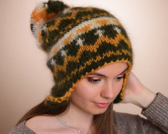 Ear flap Hat, Knit Trapper hat, Hand Knit mohair hat, Fluffy knit hat, Thick beanie, Giant Pompom hat, Fuzzy hat, Fair Isle hat Gift