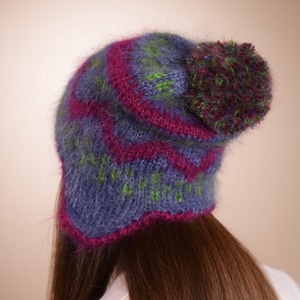 Trapper Hat, Ear flap Mohair Hat, Hand Knit Mohair hat, Fluffy knit hat, Thick beanie, Giant Pompom hat, Fuzzy hat, Aviator hat, Slouchy