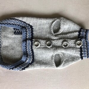 May include: A gray knitted dog sweater with blue and white trim and four silver buttons down the front.