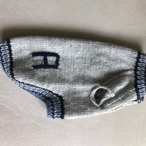 May include: Gray knitted dog sweater with blue trim and a navy blue embroidered letter "H" on the front.