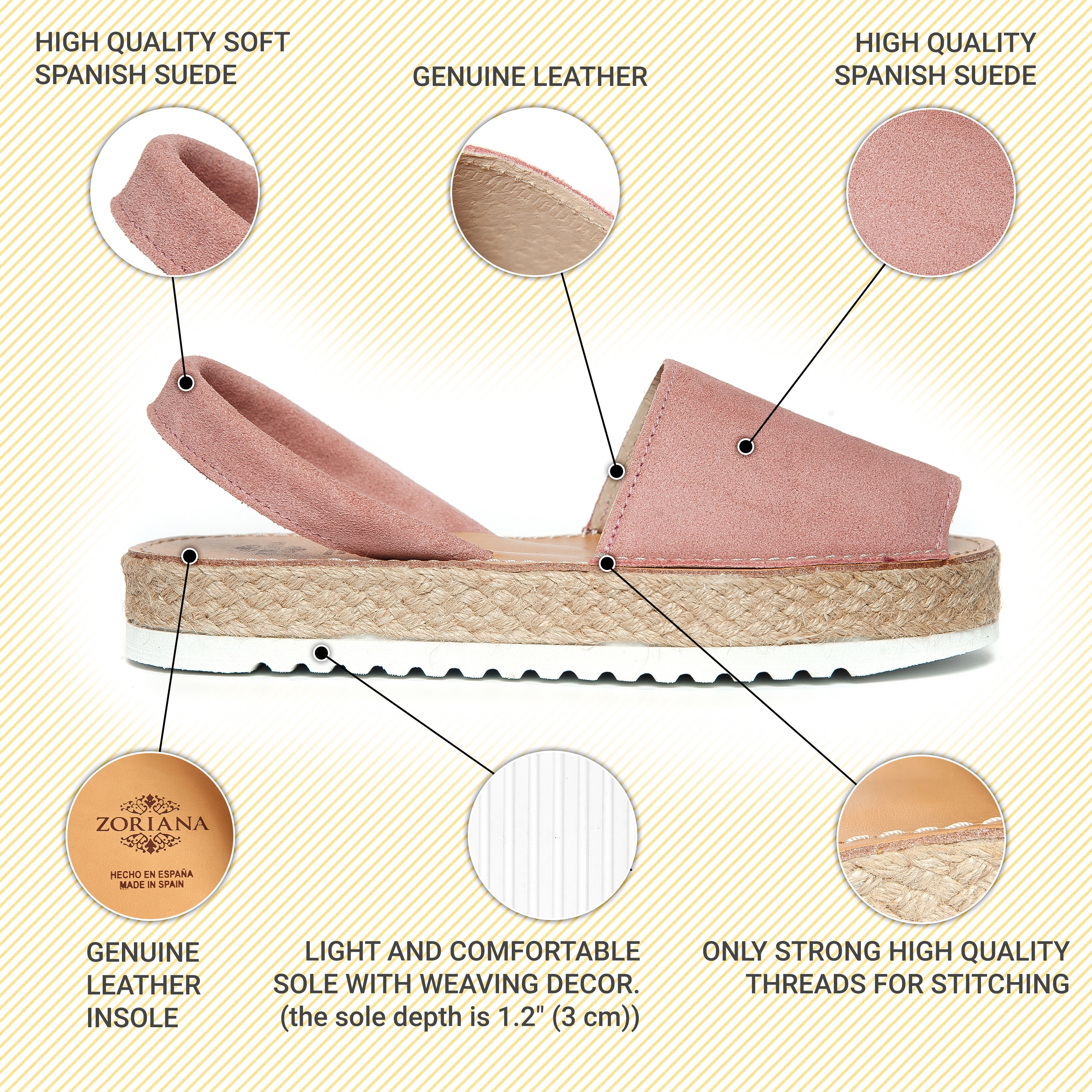 ZORIANA Spanish Espadrilles Sandals for Women - Trendy 2023 Comfortable,  Suede Leather, Flatform, Handmade, Avarca Sandals - Exclusively Made in  Spain