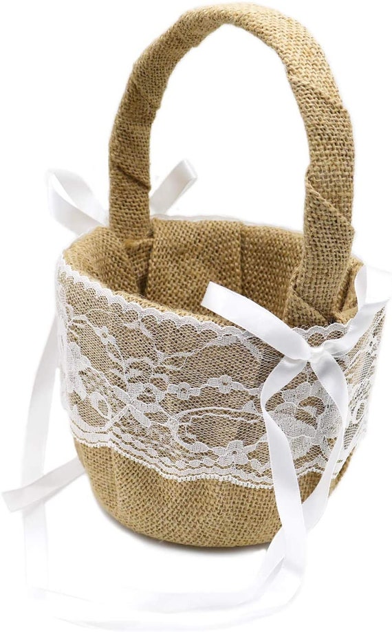 Burlap Flower Basket Vintage Retro Lace Bow Wedding Flower | Etsy