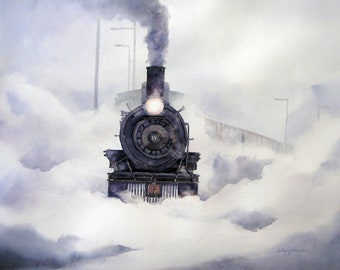 May include: A black steam locomotive train engine with a large wheel and a headlight, emerging from a cloud of white smoke. The train is moving forward on a track, with a blurry background of a city street with streetlights.