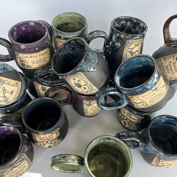 Handmade Ceramic Apothecary Mug, Witchy Halloween Coffee Cup