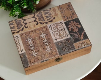 Brown Wooden Tea Box with compartments. Ethnic Design Tea Bag Storage Box.