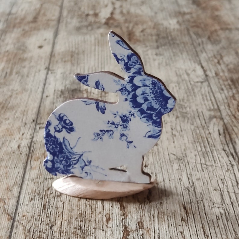 Wooden Rabbit. Blue and White Bunnies. Spring Tier Tray decor. Chinoiserie inspired Farmhouse Easter Decor. Easter Bunny Ornament image 6