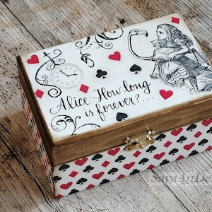 Alice in Wonderland Wooden Jewelry Keepsake Box. Handmade Time Capsule. Gift For Girl. Baby Shower Gift. Memory Keepsake Box.