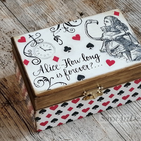 Scatola Per Ricordi Alice in Wonderland. Contenitore Per Gioielli, Scatola Per Cucire. Legno Rustico Regalo Neonato, Regalo Per Lei Ragazze