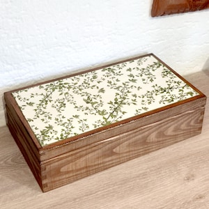 Strong Wooden Tea Box Decorated with Green Leaves. Large Tea Bags Storage Box. Jewelry Gift Box.