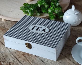 White and Black Tea Box. Buffalo Plaid Kitchen Decor. Farmhouse Wooden Tea Bags Storage Box. Jewelry Box.