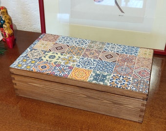 Wooden Tea Box With Compartments. Spanish Tiles Immitation Decor. Rustic Design Tea Bags Box.