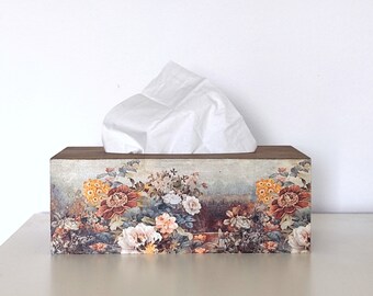 Tissue Box Cover with Autumn Flowers. Floral Wooden Tissue Dispenser Box.