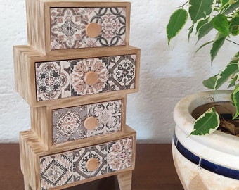 Tabletop Brown Grey Shades Wooden Chest Of Drawers. Mini Dresser. Desktop Organizer and Jewelry Cabinet. Makeup Container Box.