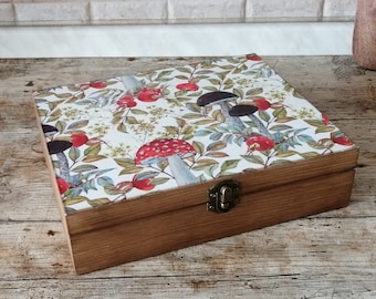 Wooden Tea Box. Mushrooms, Rosehip Tea Box Decoration. Tea bags Box. Jewelry Box. Gift Box.