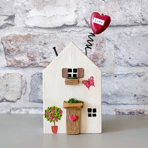 Wooden Mini Houses for Shelf Decor. Miniature Village. Handmade House with heart and Butterfly