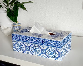 Tissue Box Cover Spanish Tiles Decoration. Wooden Tissue Dispenser. Bathroom decoration.