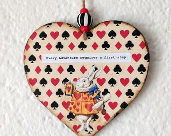 Alice in Wonderland Heart. Motivational Gift. White Rabit Ornament wall Decor. Unique Gift Red and Black.