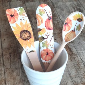 Set of Spatulas and Spoon, Sunflower and Pumpkins Wooden Kitchen Utensils.