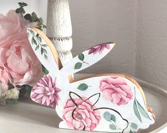 Wooden Rabbit for Easter Tiered Tray Decor. Bunny for Easter Decoration. Woodland Animals. Spring decor. Pink Flowers