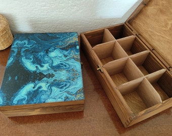 Wooden Tea Box Decorated In Blue And Gold. Rustic Design Tea Bags Box.