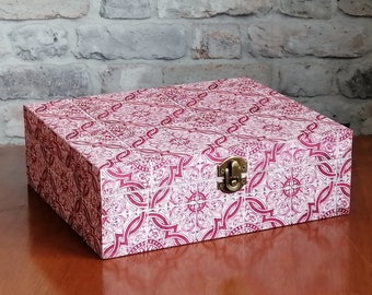 Wooden Carmine Red Spanish Tiles Tea Box. Tea Bag Storage Box. Gift For Her. Tiles Kitchen Decor.