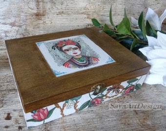 Frida Kahlo Wooden Tea Box with compartmants. Tea Storage Box. Tea Bags Box. Jewelry Keepsake Box. Strong Women Gift Ideas.