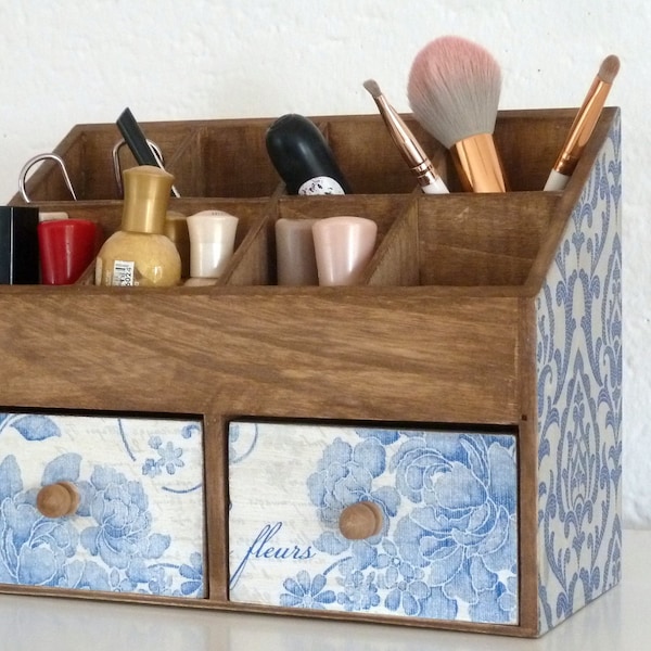 Wooden Makeup Box with Drawers and Compartments. Vintage Style Mini Storage Furniture.