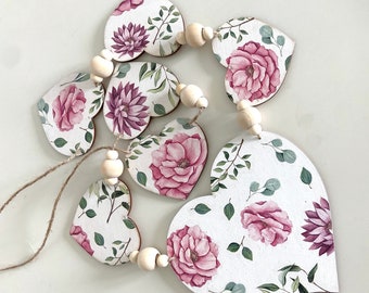 Floral Hearts Garland. Floral Bunting. Spring Flowers Garland. Botanic wall hanging with natural Wooden beads.