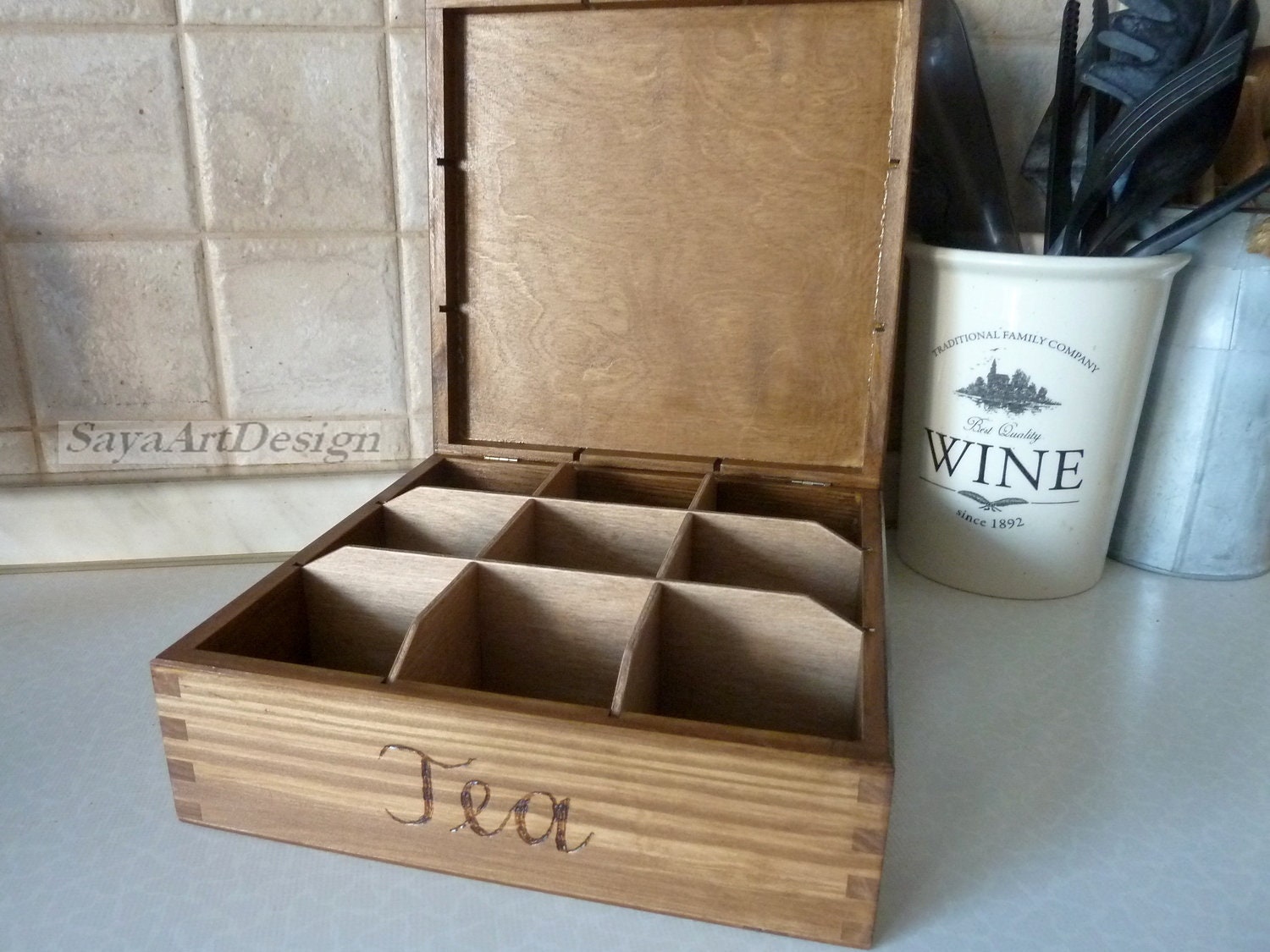 Personalized Wooden Tea Box with 8 compartments. Leaves and branches Decor.