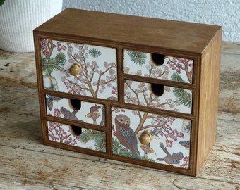 Mini Desktop Chest Of Drawers With Owl Forest Life Decor. Jewelry Organizer. Wooden Makeup Container. Box with drawers