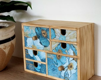 Holz Mini Kommode mit Blauen Blumen | Botanischer Schmuck Organizer