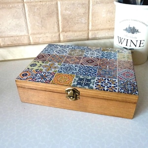 Wooden Tea Box and Optional Tray. Spanish Tiles Tea storage Box. Tea Bags Box. Jewelry Box. Wedding Christmas Gift.