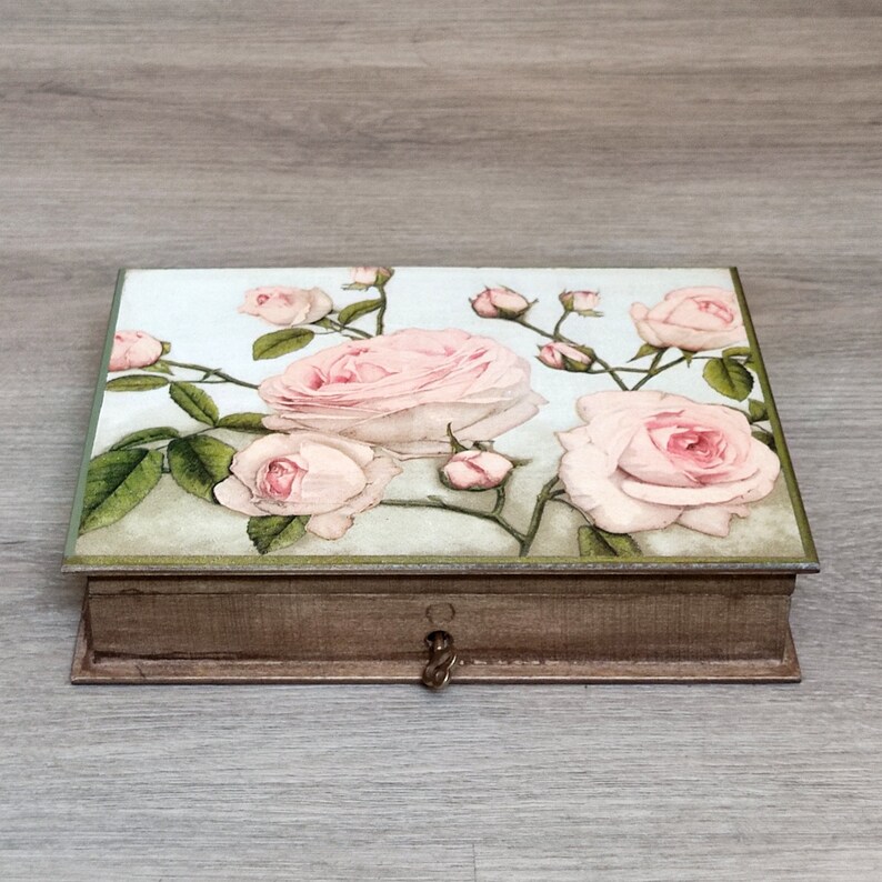 Wooden Jewelry Box with Key. Book Shaped Vintage Style. Pink Roses Decorated Box. image 1