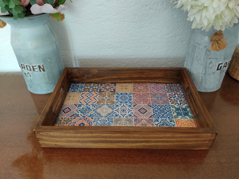 Wooden Tea Box and Optional Tray. Spanish Tiles Tea storage Box. Tea Bags Box. Jewelry Box. Wedding Christmas Gift. image 9