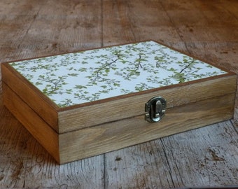 Wooden Tea Box. Green Leaves Decoration Tea Storage Box. Tea Bags Gift Box. Jewelry Box.