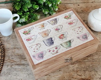 Wooden Tea Box, Decorated With Tea Cups.